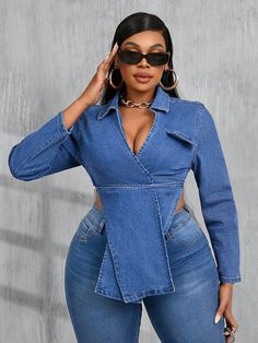 Plus Size Women's Denim Tops Sexy Tight Elastic Bandage Jacket Blue Coat Halloween Party Fall Women Clothes Halloween Customs Women Long Sleeve Shirt Long Sleeve Blue Corset Top Women Costumes Women Shacket Concert Outfits Christmas Women Clothes Medium Wash Casual  Long Sleeve Denim Plain  Medium Stretch Spring/Fall,Fall/Winter Women Plus Clothing, size features are:Bust: ,Length: ,Sleeve Length: Oversized Long Sleeve Denim Blue Top, Blue Long Sleeve Denim Top With Button Closure, Blue Button-up Denim Top For Streetwear, Cheap Button-up Denim Top With Buttoned Pockets, Denim Party Outfit, Blue Corset Top, Cheap Oversized Button-up Denim Top, Women Long Sleeve Shirt, Halloween Customs