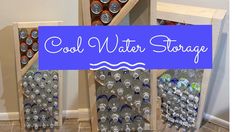 two wooden crates filled with water bottles sitting on top of a tiled floor next to a blue sign that says cool water storage