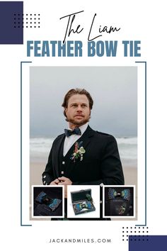 A stylish groom in a black formal suit with a green-and-blue feather bow tie gazes into the distance on a cloudy beach.