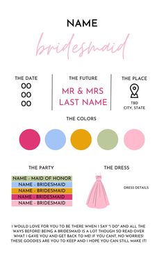 the bridesmaid info sheet is shown in pink, yellow and green colors with different font