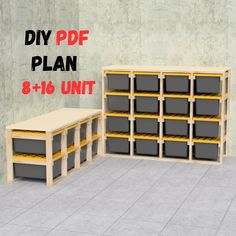 two shelves with bins on each side and the words diy plan 8 - 16 unit below