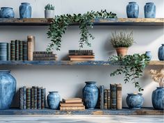 blue vases and books are on the shelves in this living room, with plants growing out of them