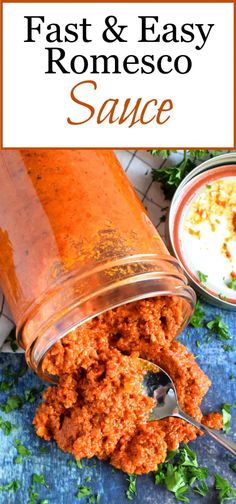 the sauce is being poured into a jar