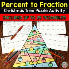 a christmas tree puzzle activity with pencils and crayons on the table next to it