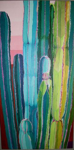 an abstract painting of colorful cactuses with pink, green and blue stripes in the background