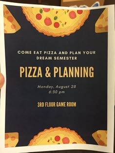 a person holding up a pizza and planning card for a game room party or event