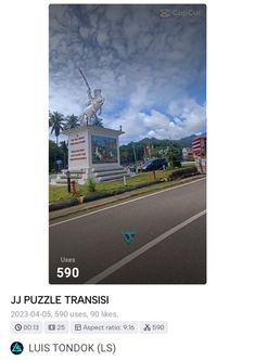 an image of a street with a statue in the foreground and clouds in the background