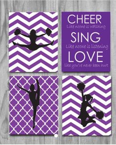 three purple and white wall art prints with cheerleader silhouettes on chevron background