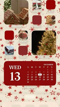 a red and white calendar with pictures of christmas decorations