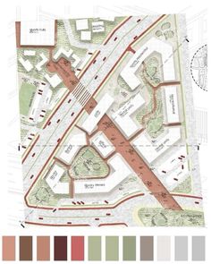 a drawing of a city with lots of trees and buildings on it, including the ground plan