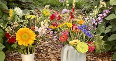 two white vases filled with colorful flowers on top of leaves and mulchy ground