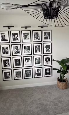 a room with pictures on the wall and a potted plant in front of it