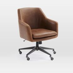 a brown leather office chair with casteors and wheels on an isolated white background, front view