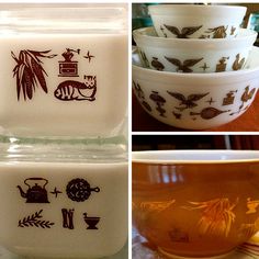 four different bowls with designs on them are shown in three separate pictures, one is white and the other is brown