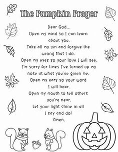 the pumpkin prayer for children with pictures of leaves and animals on it, in black and white