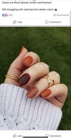 Nail Polish Manicure Ideas, Color Foods For Party, Thanksgiving Nails Easy Simple, Thanksgiving Nail Designs Fall Short, Fall Nails Oval Shape Short, Thanksgiving Nail Ideas Dip Powder, Burgundy And Orange Nails, Dip Halloween Nails, Mail Color Ideas