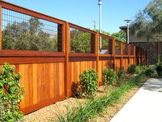 the fence is made of wood and has metal bars on each side, along with plants