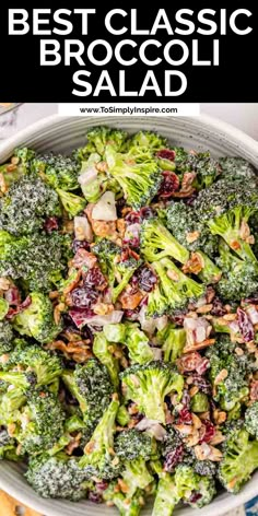 broccoli salad with cranberries and bacon in a white bowl on a table