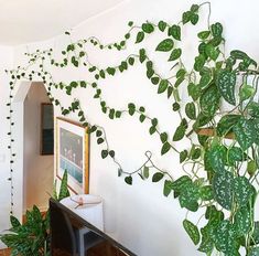 a living room with green plants on the wall and a flat screen tv in front of it