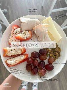 a white plate topped with lots of different types of cheeses and fruit on top of it