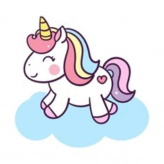 a cute little unicorn with a pink mane and a yellow horn on its head is flying in the sky