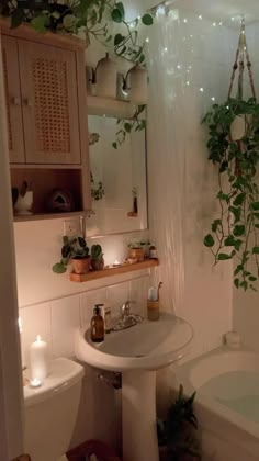 a white sink sitting under a bathroom mirror next to a bath tub filled with plants