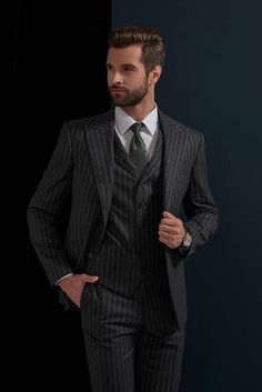 This three piece, grey pinstripe suit for men or women is the epitome of class and style. With the core of classic design, this suit can be worn in a variety of ways. Wear this suit with or without the jacket, and pair the suit with other colors and pattern to make this a multifunctional everyday wear at work, meetings, interviews or other events. Like this look, but want to make some changes? Chat with a stylist or book an appointment. FREE SHIPPING ON ORDERS OVER $199 COLOR Grey COMPOSITION 100% Wool YARN COUNT Super 120s WEIGHT 290g FABRIC STYLE Pinstripe OCCASION Business/Casual Pinstripe Suits Men, Vintage Suit Men, Grey Pinstripe Suit, Work Meetings, Business Suits, Suit For Men, Grey Vest, Pinstripe Suit, Custom Suit