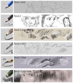 some pencils that are in different stages of drawing the character's face and head