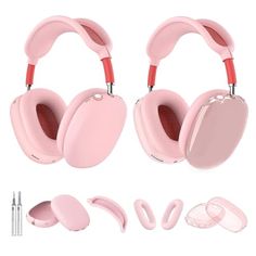 two pink headphones with red handles and earpieces next to each other on a white background