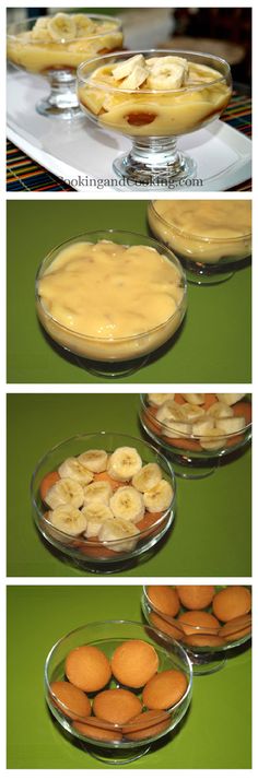 three pictures showing different types of pies in glass dishes and on plates with bananas