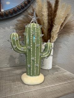 a green cactus sitting on top of a wooden table next to a potted plant