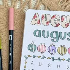 August Hand Lettering, August Doodles Bullet Journal, August Planner Ideas, Bullet Journal August Theme, August Journal Ideas, Month Doodles, August Doodles, August Lettering, August Font