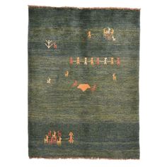 an old rug with animals and people on it, in green tones against a white background