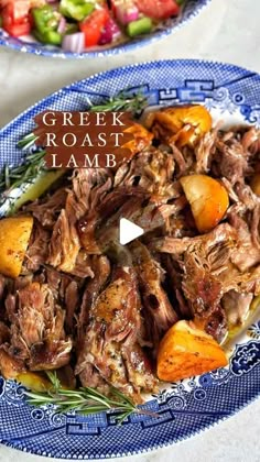 two plates filled with meat and vegetables on top of a white tablecloth next to each other