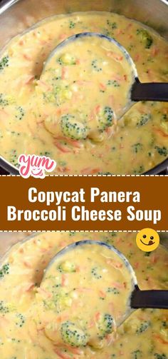 broccoli cheese soup is being cooked in a pot with two spoons and the words copycat panera broccoli cheese soup