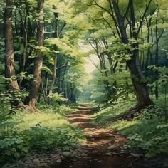 a painting of a dirt road in the woods