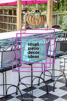 outdoor living small patio decor ideas on a checkered floor with pink and black chairs