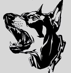 a black and white drawing of a dog's head with its mouth wide open