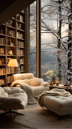 a living room filled with furniture next to a large window covered in frosted trees