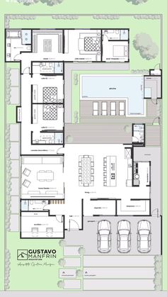 the floor plan for a house with two car garages and an attached swimming pool