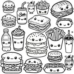 a black and white drawing of hamburgers, fries, hotdogs and soda