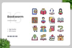 Bookworm Color Icons, Icons ft. icon & knowledge - Envato