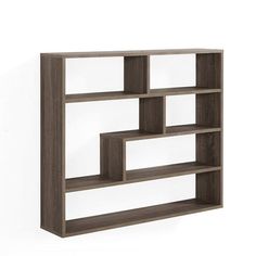 a book shelf with four shelves on each side and three different sections in the middle