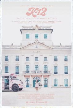 the movie poster for ker is shown in front of a large white building with blue shutters