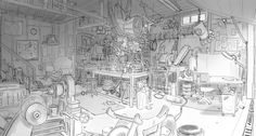 a black and white drawing of a workshop