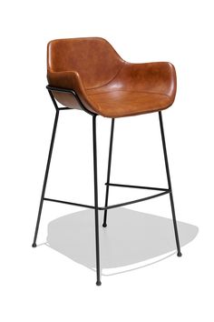 a brown leather bar stool with black metal legs