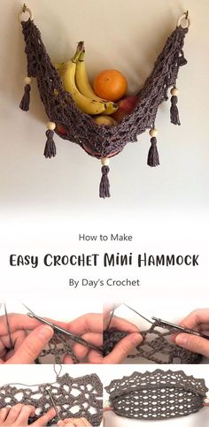 crochet mini hammock with bananas and oranges in it, how to make