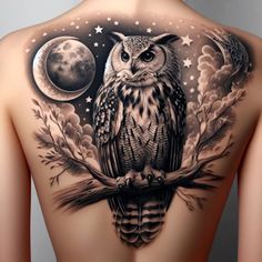 an owl sitting on a tree branch with the moon and stars in the sky behind it