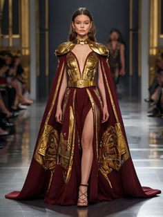 Gold Dress Fantasy Gowns, Fantasy Dress With Armor, Roman Goddess Dress, Eternals Costume Design, Dresses With Armor, Armor Inspired Dress, Asgardian Dress Goddesses Gowns, Asgardian Outfit, Gold Gown Aesthetic