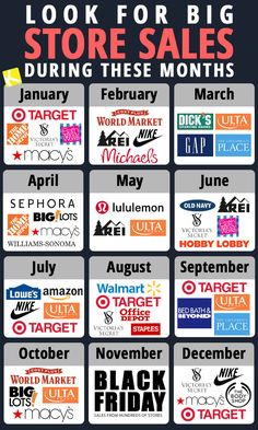 an advertisement for the big store sale is shown in this graphic style, with many different logos